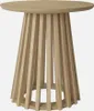 A wooden side table with a round top and a base made of vertical wooden slats. Produktbild-Vorschau