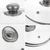 A collage of four close-up images of a glass pot lid with a stainless steel rim and handle. Náhled obrázku produktu