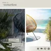 Split image showing a chair in rain on the left and a chair in a sunny outdoor setting on the right, with text and icons. Náhled obrázku produktu