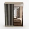 A wardrobe with a slatted front and a mirrored section reflecting a bedroom. Náhled obrázku produktu