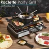 A raclette party grill with a fondue set is shown on a wooden table, with food items like steak, vegetables, and cheese arranged around it. Produktbild-Vorschau