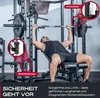 A man is using a weightlifting machine in a gym setting. The image highlights safety features with callouts. Produktbild-Vorschau
