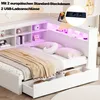 A white bed with storage drawers and built-in LED lighting, featuring a headboard with shelves and integrated USB and power outlets. Produktbild-Vorschau