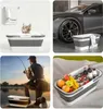 Collage of four images showing a collapsible bucket in different settings: with a cat, next to a car, with a fisherman, and filled with drinks and fruit. Podgląd zdjęcia produktu