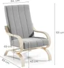 A grey armchair with wooden legs and armrests, with dimensions indicated by lines and text. Podgląd zdjęcia produktu