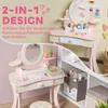 A pink children's vanity table with a mirror and accessories, shown in two different configurations. Produktbild-Vorschau
