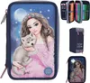 A collage of images showing a pencil case with a princess and wolf design, an open pencil case with pens and pencils, and a closed pencil case. Náhled obrázku produktu