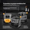 A marketing image showcasing a multi-functional air fryer with three different attachments in a kitchen setting. Anteprima dell’immagine prodotto