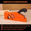 An orange woodworking tool with a black handle is placed on a wooden surface, with some wood shavings around it. Text overlays describe its features. Produktbild-Vorschau