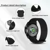 A smartwatch with a black nylon band, shown from the back with detailed callouts of its features. Produktbild-Vorschau