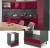 A modern kitchen with red high-gloss cabinets, a marble backsplash, and a wooden dining table with chairs. The bottom part of the image shows two close-ups of a dark gray cabinet base with a red accent. Náhľad obrázku produktu