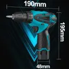 A teal and black cordless drill is shown against a dark background with blue light effects. Produktbild-Vorschau