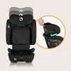 A child's car seat with an inset showing how to adjust the headrest. Produktbild-Vorschau