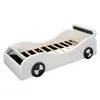 A white car-shaped children's bed with black accents, shown from a side-diagonal angle against a white background. Produktbild-Vorschau