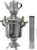 A stainless steel samovar with a teapot on top and a chimney to the side, set against a white background. Produktbild-Vorschau