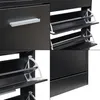 A collage of four close-up images showing different parts of a black shoe cabinet. Produktbild-Vorschau
