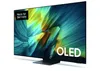 A Samsung OLED TV is shown from a side angle on a white background. Produktbild-Vorschau