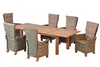 A dining set with a wooden table and six chairs with woven rattan bases and fabric cushions, displayed on a white background. Náhled obrázku produktu