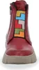A front view of a red ankle boot with a colorful geometric pattern on the front. Produktbild-Vorschau