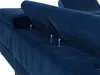 A close-up view of a dark blue velvet sofa, focusing on the adjustable headrests and metal support mechanisms. Náhled obrázku produktu