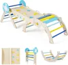 A collage of images showing a wooden children's climbing structure in various configurations and disassembled parts. Anteprima dell’immagine prodotto