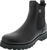 A black leather Chelsea boot with a lug sole is shown against a white background. Produktbild-Vorschau