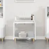 A white bathroom vanity with an open cabinet showcasing folded towels inside, next to a wall and sink. Náhled obrázku produktu
