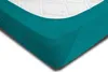 A close-up, angled view of a teal fitted sheet on a white mattress. Produktbild-Vorschau