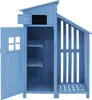 An open blue wooden garden shed with shelves and an open top compartment. Voir les images du produit
