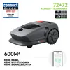 A robot lawnmower with accompanying marketing text and graphics. Produktbild-Vorschau