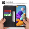 Hands holding an open wallet-style phone case, revealing credit card slots and a US dollar bill, with a smartphone displaying colorful abstract graphics inside. Produktbild-Vorschau