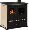 A cream and black wood-burning stove with a visible fire in the oven. Produktbild-Vorschau