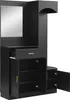 A black entryway storage unit with a mirror, drawer, and cabinets. Podgląd zdjęcia produktu