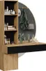 A vanity table with shelves and a mirror. Voir les images du produit