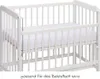 A white baby crib with a mattress inside, shown from the side. Produktbild-Vorschau