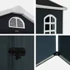 Collage of close-up shots of a dark grey plastic garden shed, showing details of its construction and features. Produktbild-Vorschau
