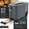 A close-up marketing image of a toaster with text overlays highlighting features and a background of bread rolls. Voir les images du produit