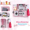 A pink wooden play kitchen with various accessories and storage compartments, presented in a collage format with close-up details and descriptive text. Anteprima dell’immagine prodotto