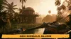 A first-person perspective of a video game scene, showing a weapon in the foreground and a tropical environment with a building and a crocodile in the water. Produktbild-Vorschau