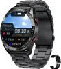 A black smartwatch with a metal band is shown against a white background. The watch face displays the time, date, and fitness metrics. Produktbild-Vorschau