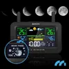 A digital weather station displaying various weather information, including outdoor and indoor temperatures, humidity, pressure, and moon phase, set against a dark background with moon phase graphics. Podgląd zdjęcia produktu