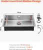 A diagram showing the dimensions of an undermount kitchen sink, with accompanying accessories. Anteprima dell’immagine prodotto