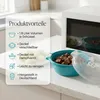 A turquoise microwave-safe bowl with food inside, next to a white microwave. A white informational panel with product benefits is on the left. Produktbild-Vorschau