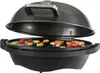 An electric grill with the lid open, showing food cooking on the grill. Produktbild-Vorschau