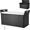 A black PE rattan storage bench with a beige cushion is shown against a white background. An inset image shows the bench with its lid open. Anteprima dell’immagine prodotto