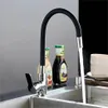 A kitchen faucet with a flexible black spout is shown in a sink, with two bottles of sauce in the background. Náhľad obrázku produktu