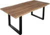 A wooden dining table with a live edge and black metal legs, presented on a white background.