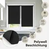 A kitchen window with black roller blinds, with various feature icons and text overlays. Produktbild-Vorschau