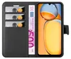 A black wallet-style phone case with credit cards and a banknote inserted, next to a smartphone. Produktbild-Vorschau