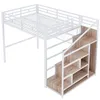 A white metal loft bed with wooden stairs and shelves. Náhľad obrázku produktu